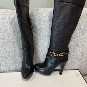 Coach Black Heeled Boots with Gold Accent